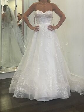 Mikaella Bridal Strapless White Floral A-Line Wedding Dress